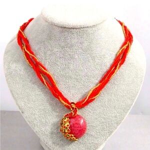 Red and Gold Multi-Strand Necklace with Peacock Pendant